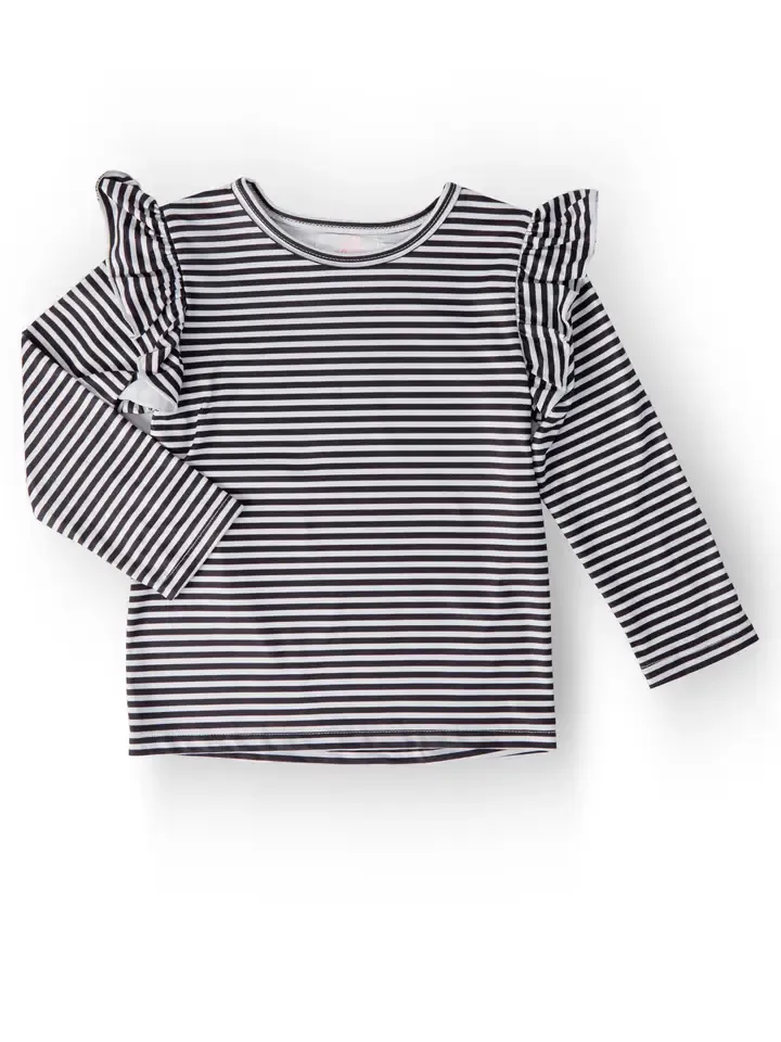 Black &amp; White Stripe L/S Ruffle Tee