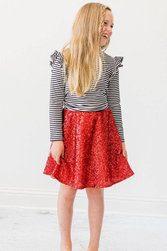 Black &amp; White Stripe L/S Ruffle Tee