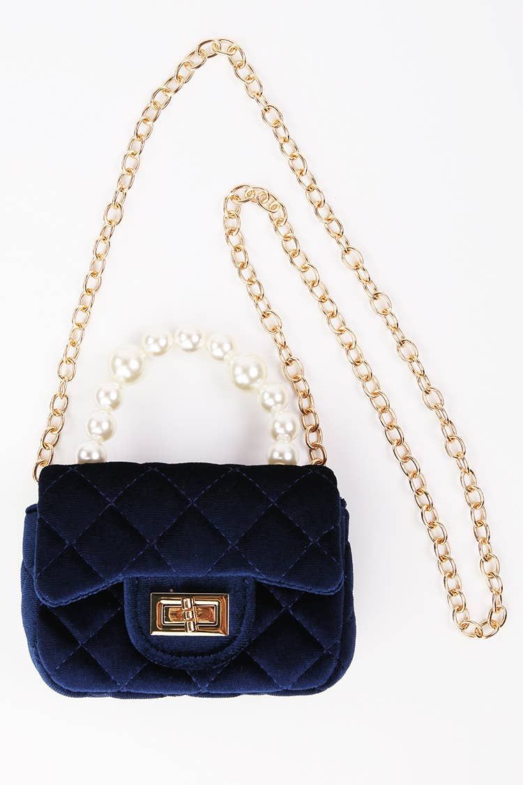 Navy Velvet Purse with Pearl Handle