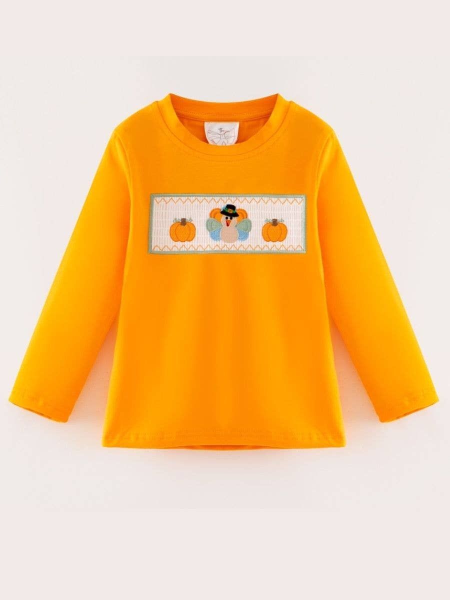 Boys Turkey &amp; Pumpkin Smocked Thanksgiving Shirt
