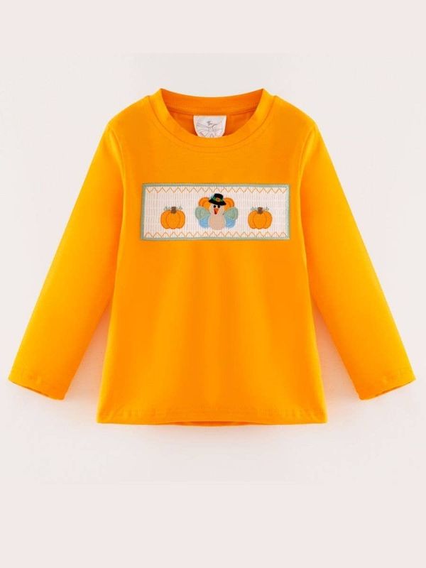 Boys Turkey &amp; Pumpkin Smocked Thanksgiving Shirt