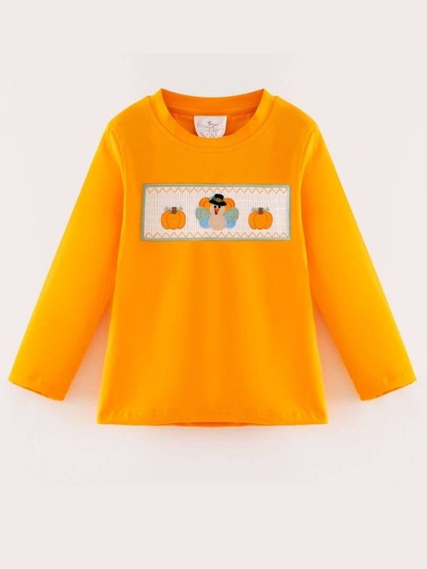 Boys Turkey &amp; Pumpkin Smocked Thanksgiving Shirt