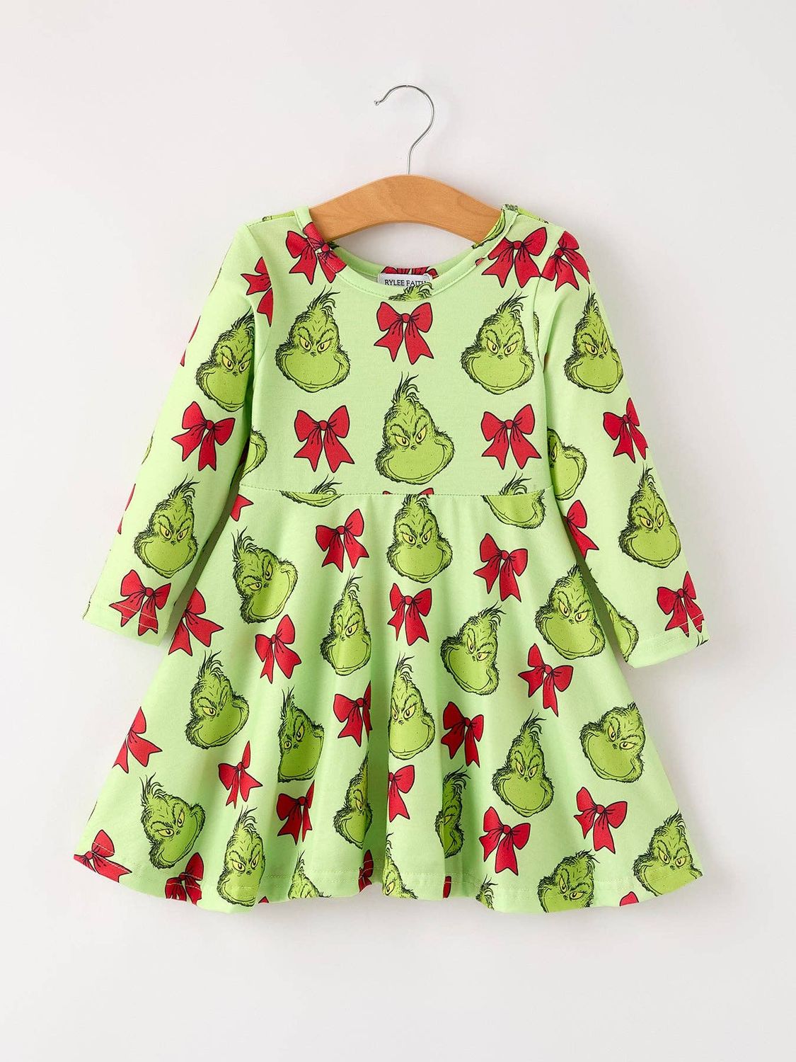Winter Christmas Tree Bow Character Print  Green Girls Dress: 8/9