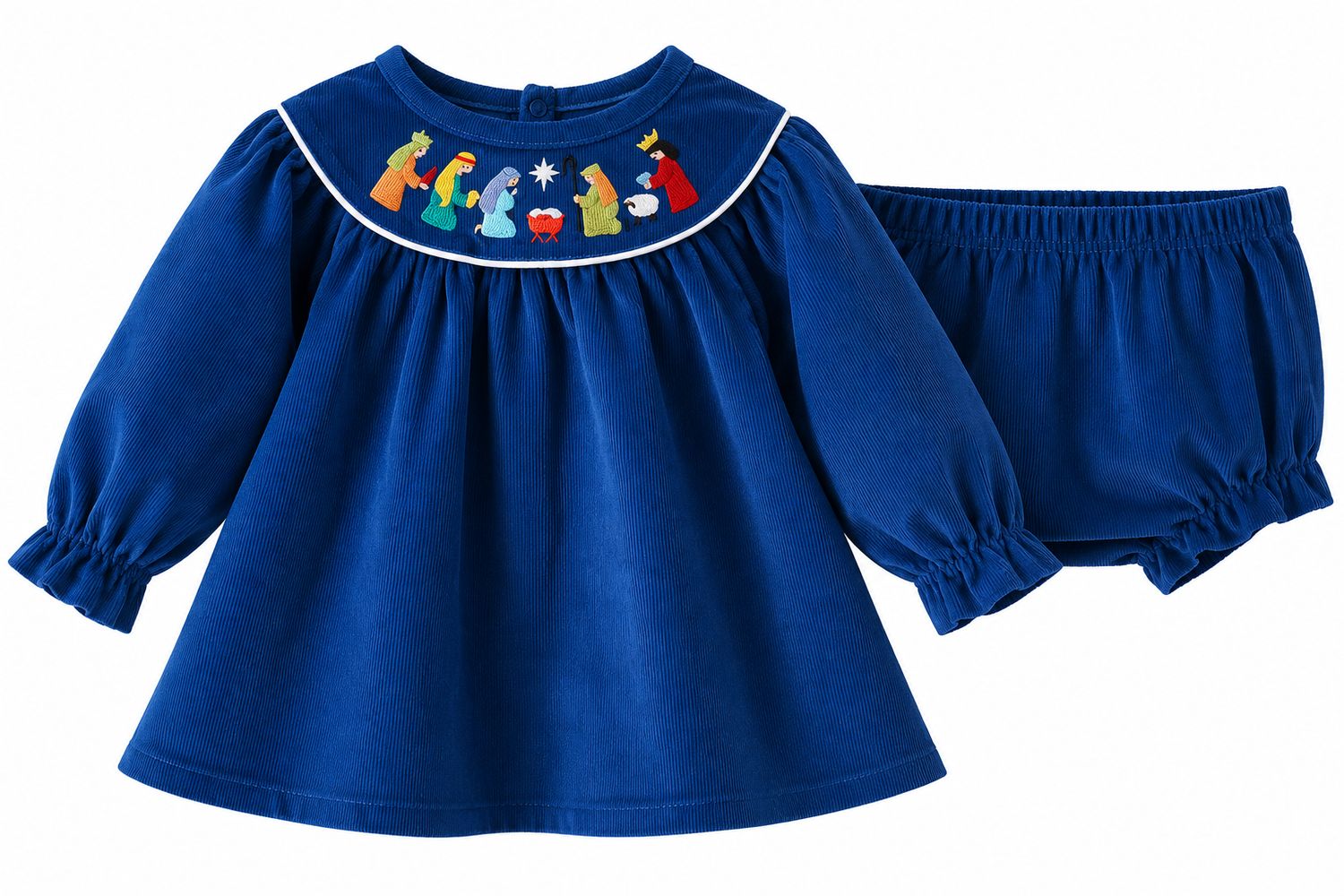 Navy Corduroy Nativity Dress &amp; Bloomer Set