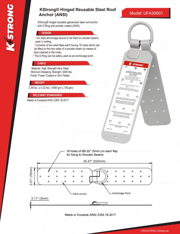 KStrong® Hinged Reusable Steel Roof Anchor (ANSI) #UFA30001