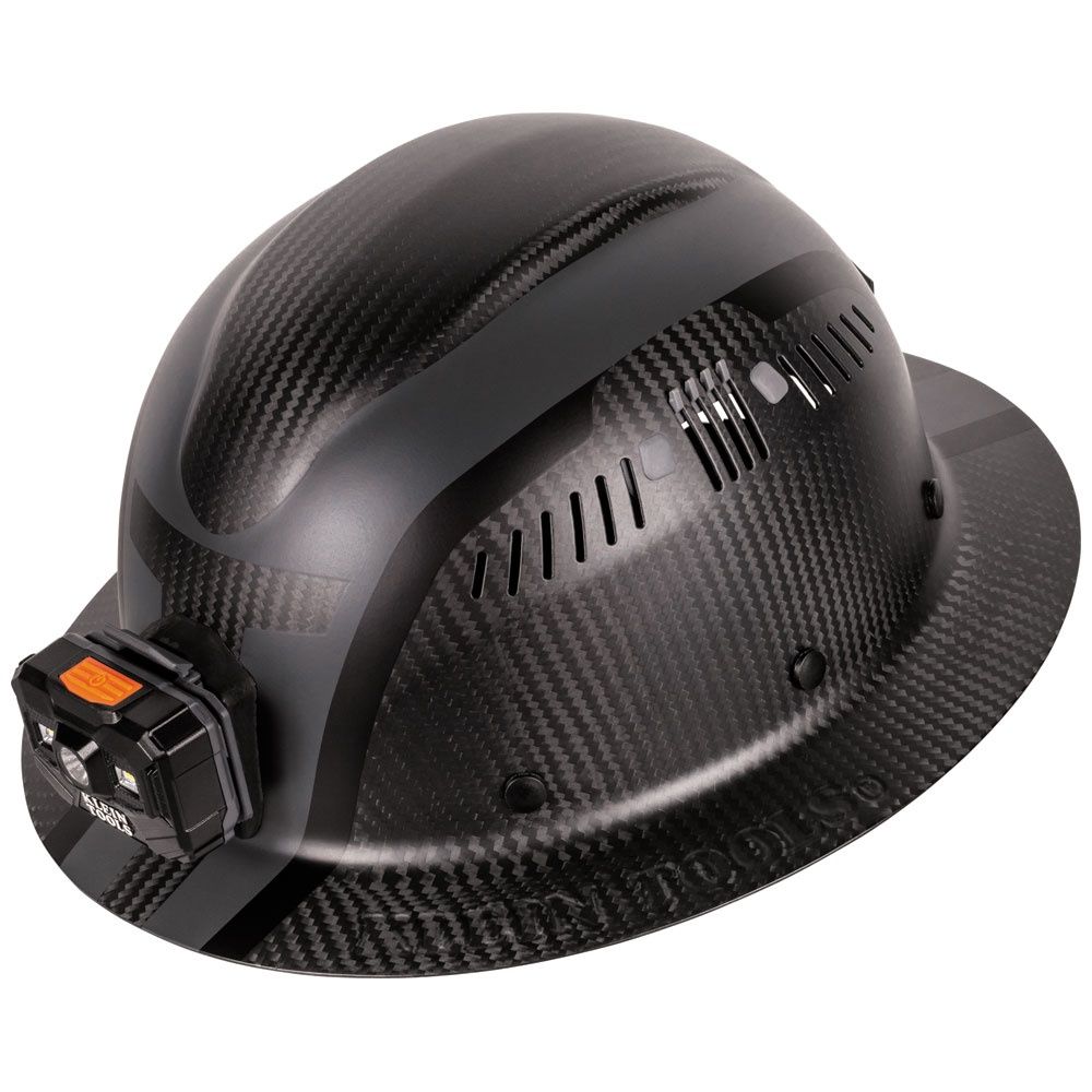 Klein Carbon Fiber Full Brim Hard Hat with Headlamp, Spartan #60514