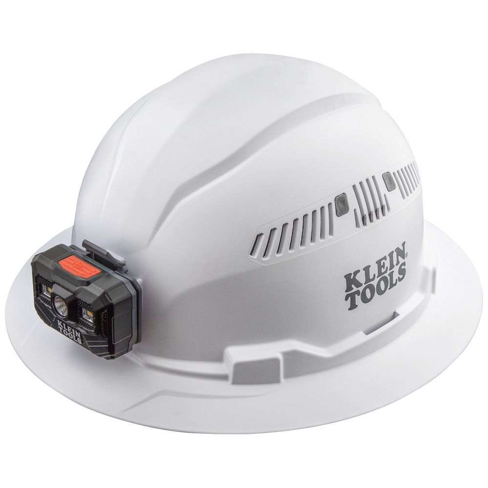 Klein Tools Hard Hat, Vented, Full Brim with Rechargeable Headlamp, White