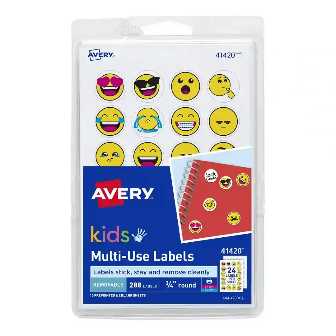 Avery® Etiquetas Kids Emoji, adhesivo removible, 1.9 cms de diámetro, 10 hojas impresas, 2 hojas en blanco, 288 etiquetas (41420)