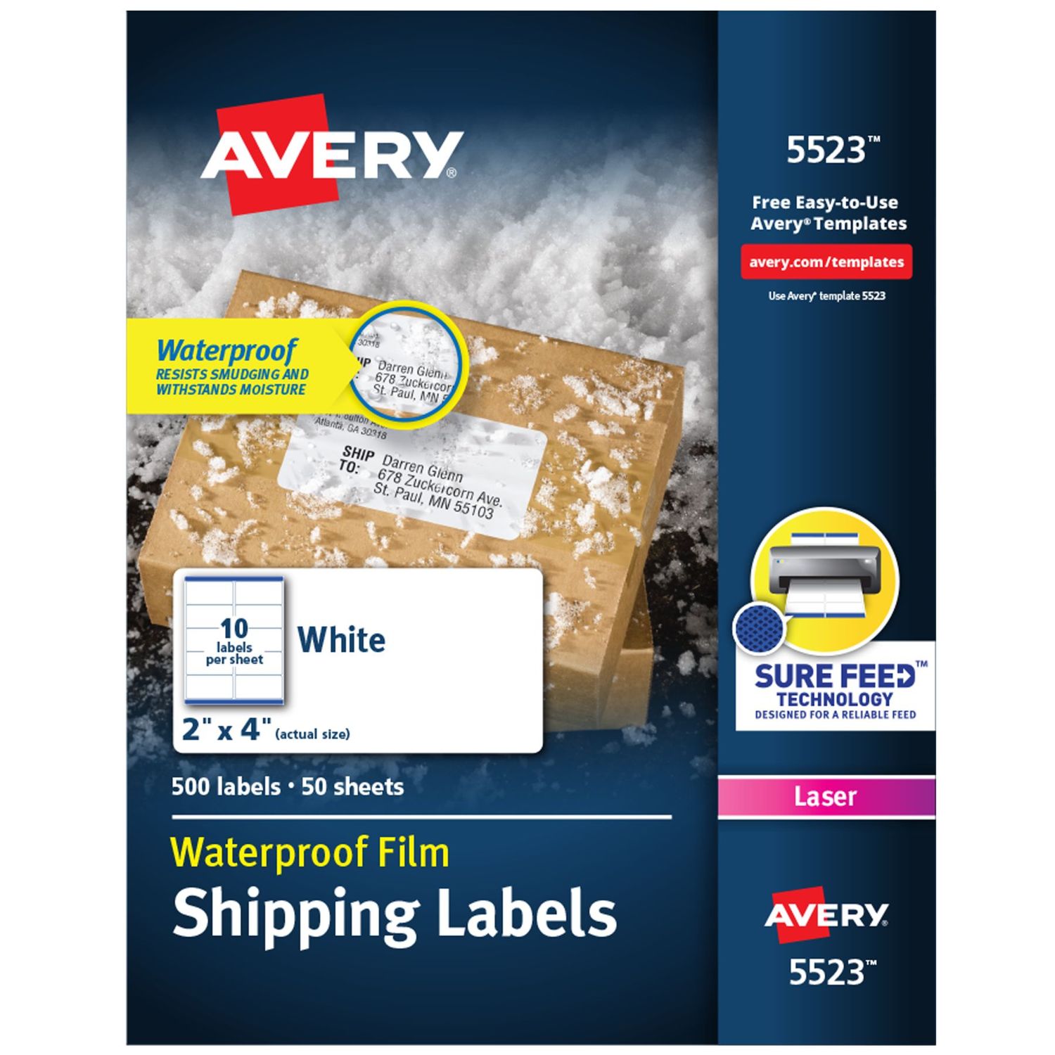 Avery® Etiquetas impermeables, con adhesivo permanente Ultrahold®, 10.2 x 5.1 cms, láser, 500 etiquetas (5523)