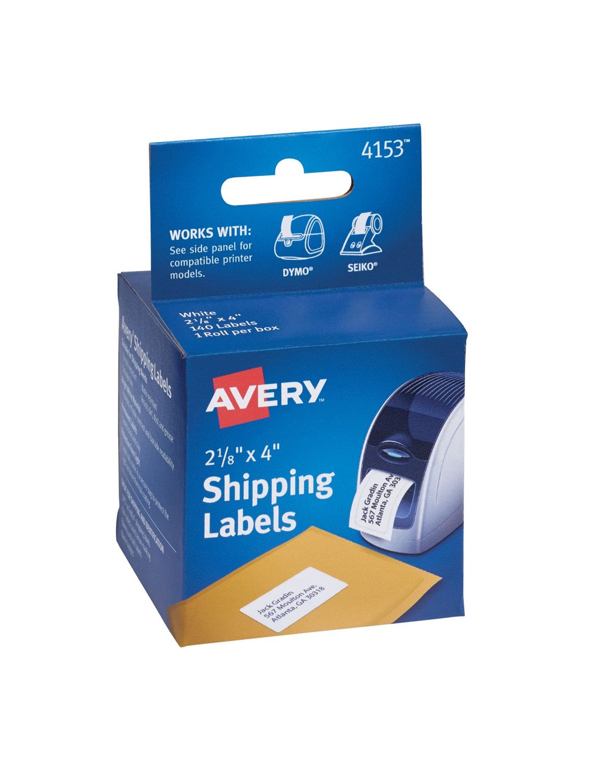 Avery® Etiquetas para envío, impresión térmica directa 10.2 x 5.4 cms, blancas, permanentes, 1 rollo, 140 etiquetas (4153)