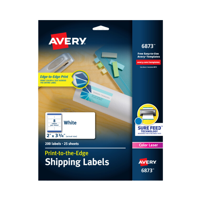 Avery® Etiquetas para envíos, Sure Feed™, impresoras láser a color, impresión hasta el borde, 9.5 x 5.1 cms, 200 etiquetas blancas (6873)