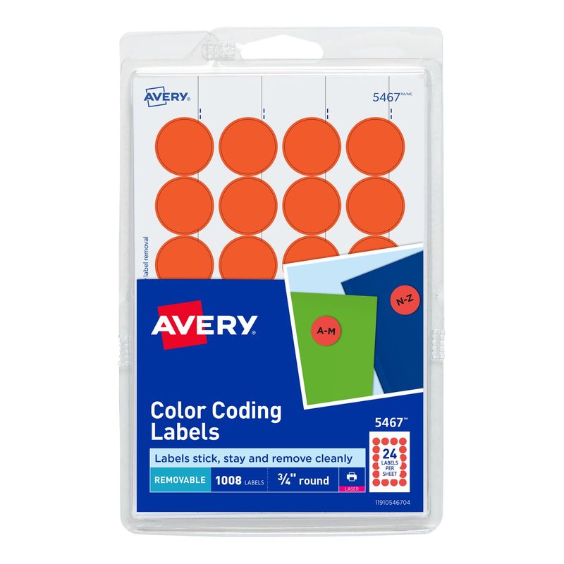 Avery® Etiquetas removibles codificación por colores, adhesivo removible, rojo neón, 1.9 cms de diámetro, 1,008 etiquetas (5467)