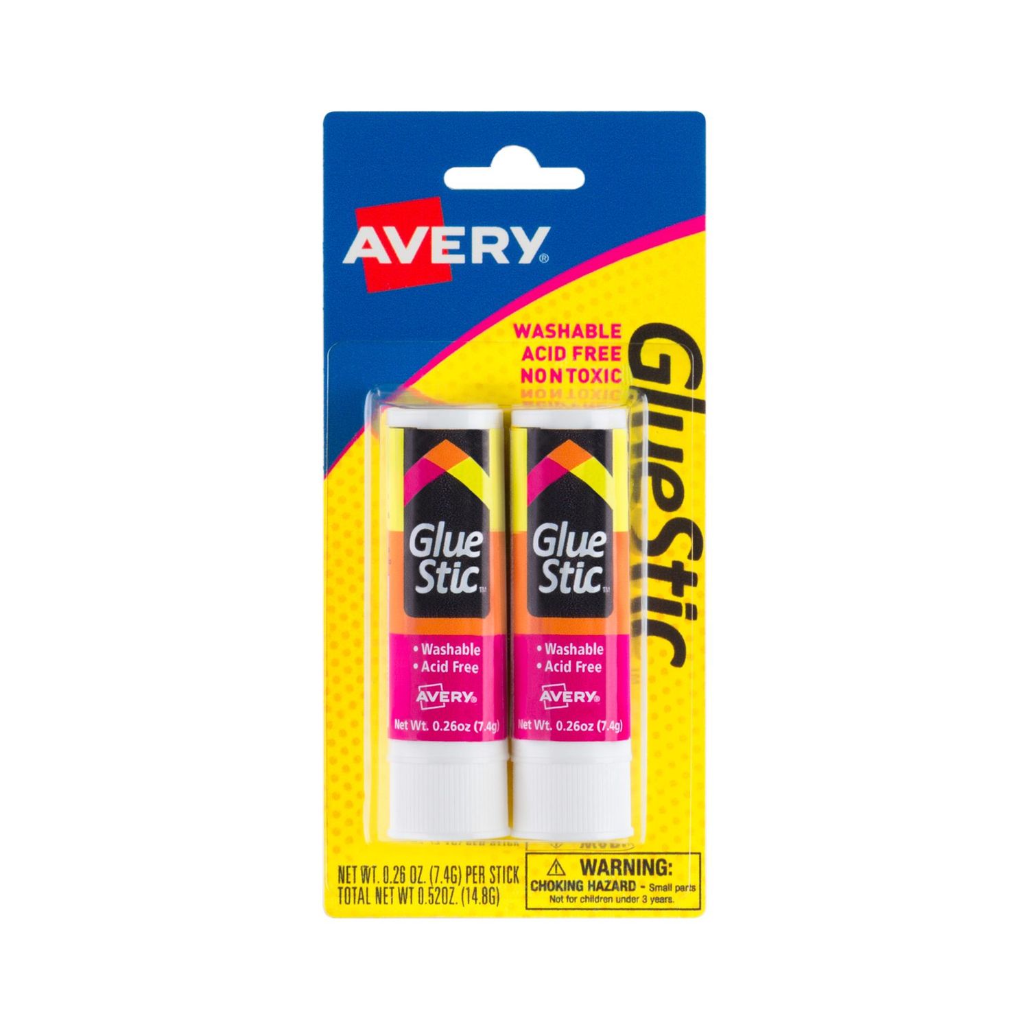 Avery® Pegante en barra Glue Stic™, lavable, no tóxico, adhesivo permanente, 0,26 onzas, 2 barras (00171)