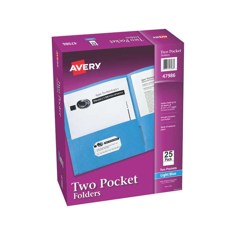 Avery® Carpetas de papel grueso, dos bolsillos, con capacidad para 40 hojas, ranura para tarjetas de presentación, 25 carpetas de color azul claro, tamaño carta (47986) Avery® Carpetas de papel grueso, dos bolsillos, con capacidad para 40 hojas, ranura para tarjetas de presentación, 25 carpetas de color azul claro, tamaño carta (47986)