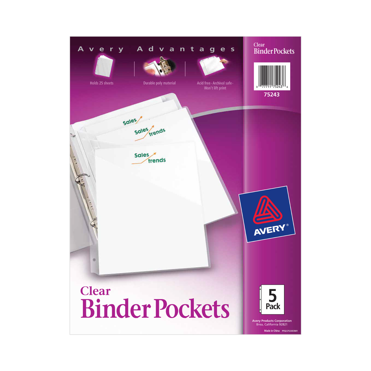 Avery® Bolsillos para carpetas, para carpetas de 3 anillos, transparentes, 8,5" x 11", libres de ácido y aptos para archivar, 5 en total (75243)