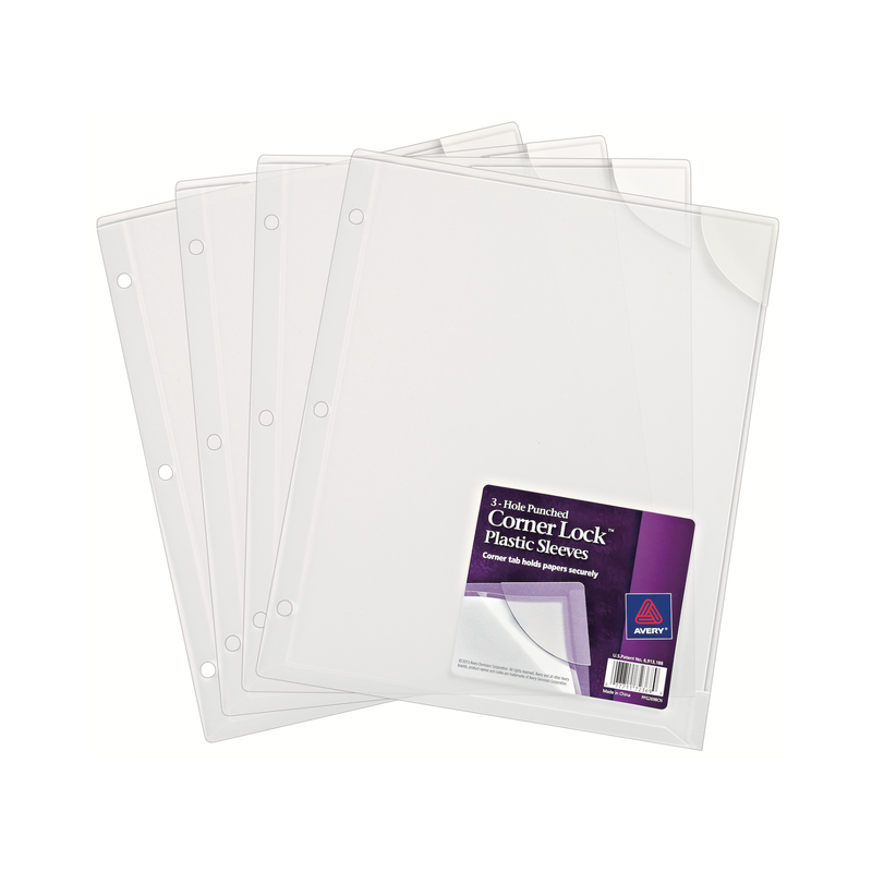 Avery® Sobres plásticos para documentos con esquina aseguradora, para carpetas de 3 anillos, transparentes, 4 fundas de plástico (72269)