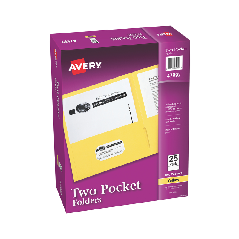 Avery® Carpetas de papel grueso, dos bolsillos, con capacidad para 40 hojas, ranura para tarjetas de presentación, 25 carpetas de color amarillo, tamaño carta (47992) Avery® Carpetas de papel grueso, dos bolsillos, con capacidad para 40 hojas, ranura para tarjetas de presentación, 25 carpetas de color amarillo, tamaño carta (47992)