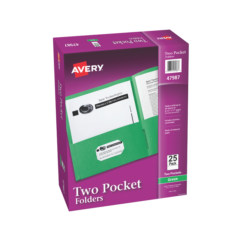 Avery® Carpetas de papel grueso, dos bolsillos, con capacidad para 40 hojas, ranura para tarjetas de presentación, 25 carpetas de color verde, tamaño carta (47987) Avery® Carpetas de papel grueso, dos bolsillos, con capacidad para 40 hojas, ranura para tarjetas de presentación, 25 carpetas de color verde, tamaño carta (47987)