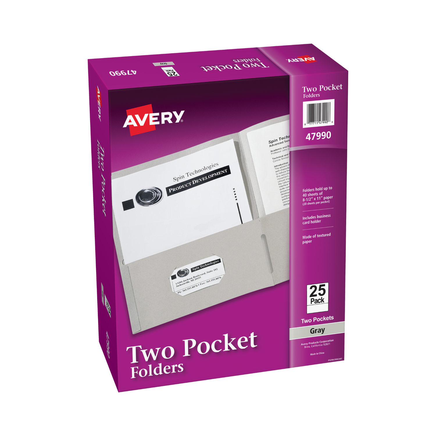 Avery® Carpetas de papel grueso, dos bolsillos, con capacidad para 40 hojas, ranura para tarjetas de presentación, 25 carpetas de color gris, tamaño carta (47990)