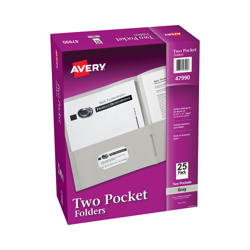 Avery® Carpetas de papel grueso, dos bolsillos, con capacidad para 40 hojas, ranura para tarjetas de presentación, 25 carpetas de color gris, tamaño carta (47990) Avery® Carpetas de papel grueso, dos bolsillos, con capacidad para 40 hojas, ranura para tarjetas de presentación, 25 carpetas de color gris, tamaño carta (47990)