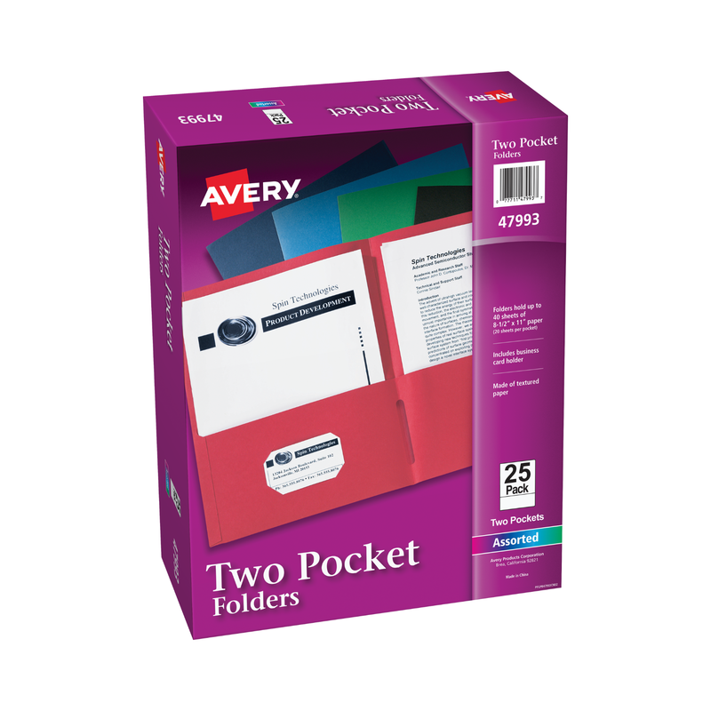 Avery® Carpetas de papel grueso, dos bolsillos, con capacidad para 40 hojas, ranura para tarjetas de presentación, 25 carpetas de colores surtidos, tamaño carta (47993) Avery® Carpetas de papel grueso, dos bolsillos, con capacidad para 40 hojas, ranura para tarjetas de presentación, 25 carpetas de colores surtidos, tamaño carta (47993)