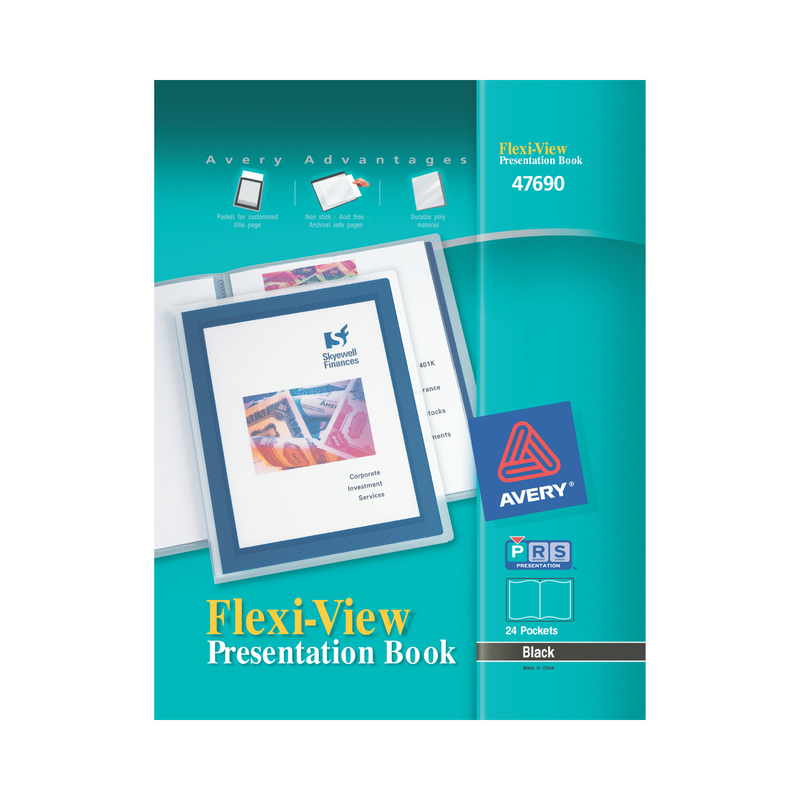 Avery® Libro de presentación portada flexible, cubierta frontal transparente con borde negro, 24 páginas protectoras de hojas transparentes, 1 libro (47690) Avery® Libro de presentación portada flexible, cubierta frontal transparente con borde negro, 24 páginas protectoras de hojas transparentes, 1 libro (47690)