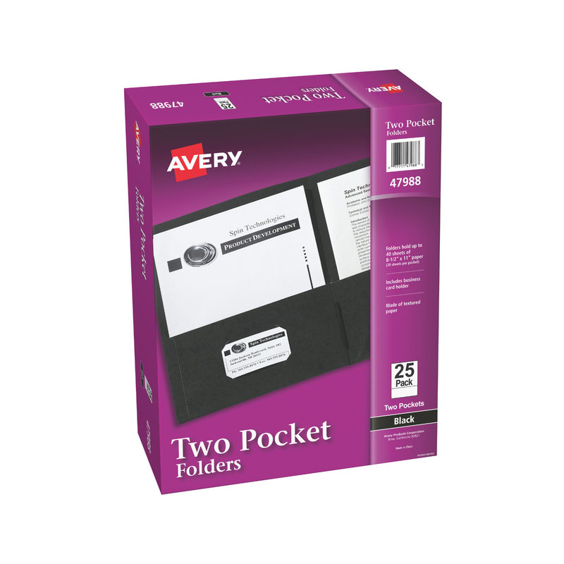 Avery® Carpetas de papel grueso, dos bolsillos, con capacidad para 40 hojas, ranura para tarjetas de presentación, 25 carpetas de color negro, tamaño carta (47988) Avery® Carpetas de papel grueso, dos bolsillos, con capacidad para 40 hojas, ranura para tarjetas de presentación, 25 carpetas de color negro, tamaño carta (47988)