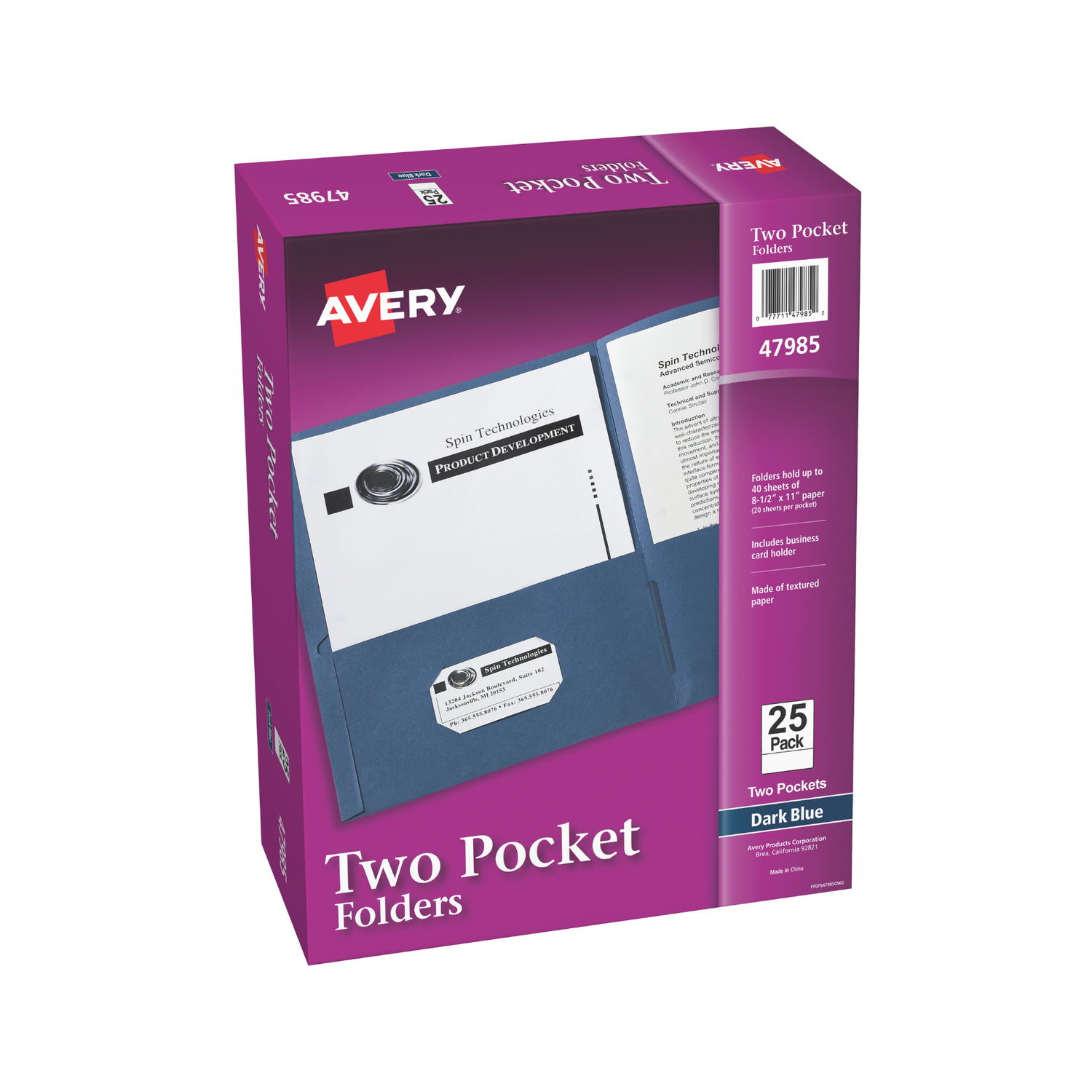 Avery® Carpetas de papel grueso, dos bolsillos, con capacidad para 40 hojas, ranura para tarjetas de presentación, 25 carpetas de color azul oscuro, tamaño carta (47985)