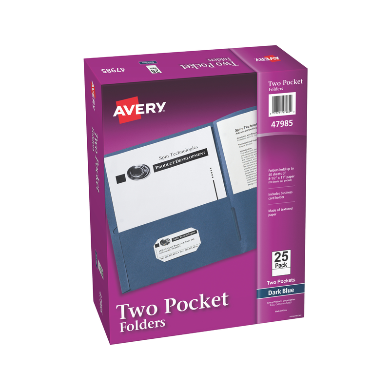 Avery® Carpetas de papel grueso, dos bolsillos, con capacidad para 40 hojas, ranura para tarjetas de presentación, 25 carpetas de color azul oscuro, tamaño carta (47985) Avery® Carpetas de papel grueso, dos bolsillos, con capacidad para 40 hojas, ranura para tarjetas de presentación, 25 carpetas de color azul oscuro, tamaño carta (47985)