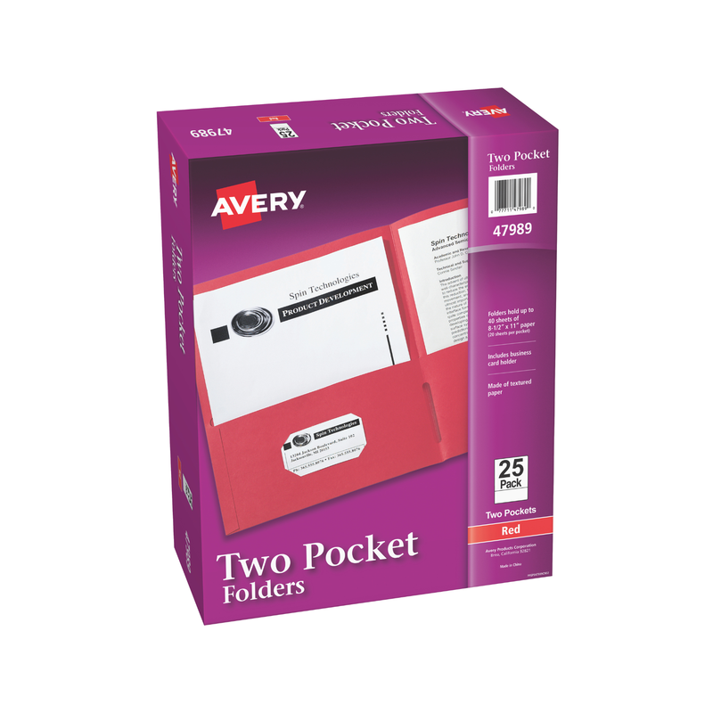 Avery® Carpetas de papel grueso, dos bolsillos, con capacidad para 40 hojas, ranura para tarjetas de presentación, 25 carpetas de color rojo, tamaño carta (47989) Avery® Carpetas de papel grueso, dos bolsillos, con capacidad para 40 hojas, ranura para tarjetas de presentación, 25 carpetas de color rojo, tamaño carta (47989)