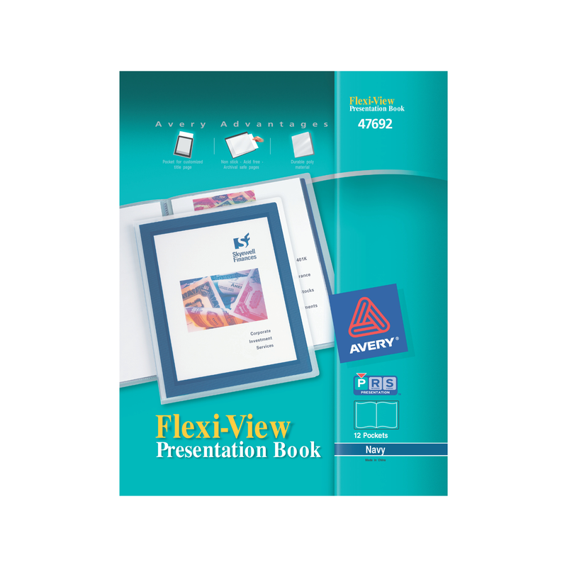 Avery® Libro de presentación portada flexible, cubierta frontal transparente con borde azul, 12 páginas protectoras de hojas transparentes, 1 libro (47692) Avery® Libro de presentación portada flexible, cubierta frontal transparente con borde azul, 12 páginas protectoras de hojas transparentes, 1 libro (47692)