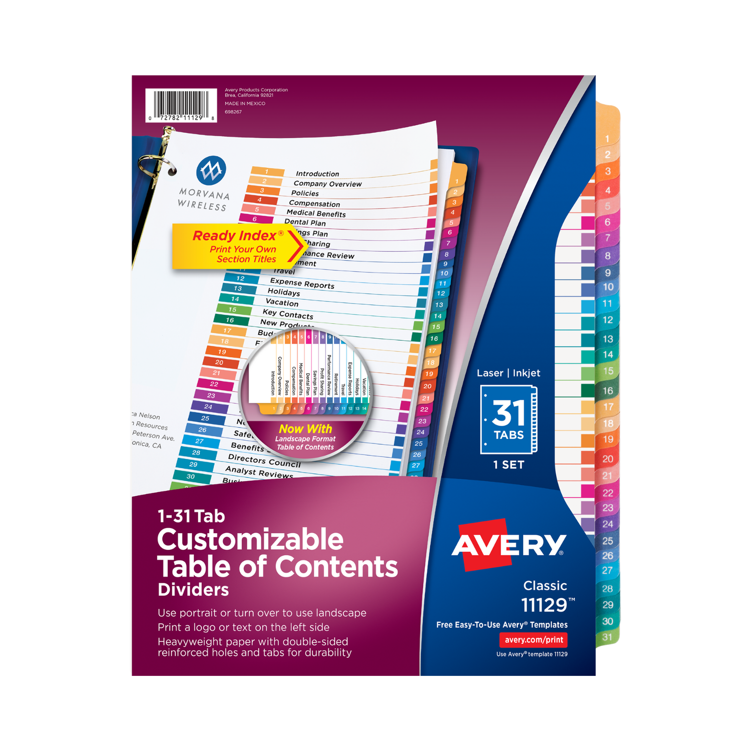 Avery® Separadores para carpeta con pestañas, Ready Index®, tabla de contenido personalizable, 31 separadores multicolor clásicos, 1 juego (11129)