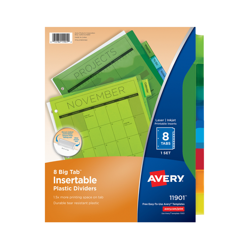Avery® Big Tab™ Separadores de plástico insertables con dos bolsillos, juego de 8 pestañas, multicolor (11907)