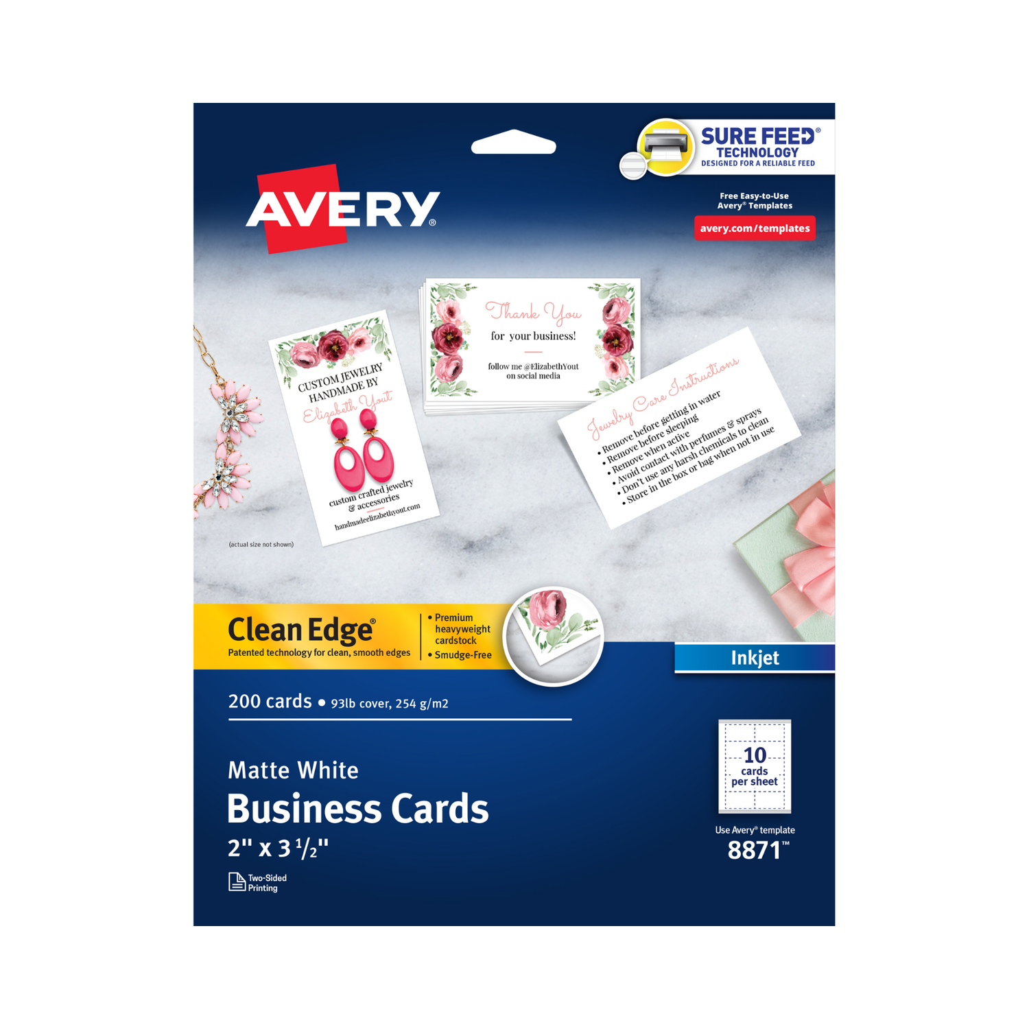 Avery® Tarjetas de presentación Clean Edge®  con tecnología Sure Feed, 8.9 x 5.1 cms, blanco, 200 tarjetas en blanco (08871)