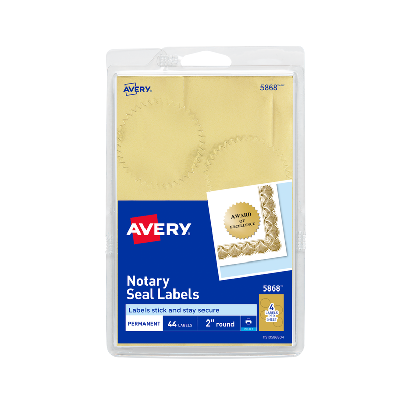 Avery®, Etiquetas de sello notarial, 5.1 cms de diámetro, sellos de certificado dorados imprimibles, Impresora de tinta, 44 sellos dorados en total (05868) Avery®, Etiquetas de sello notarial, 5.1 cms de diámetro, sellos de certificado dorados imprimibles, Impresora de tinta, 44 sellos dorados en total (05868)