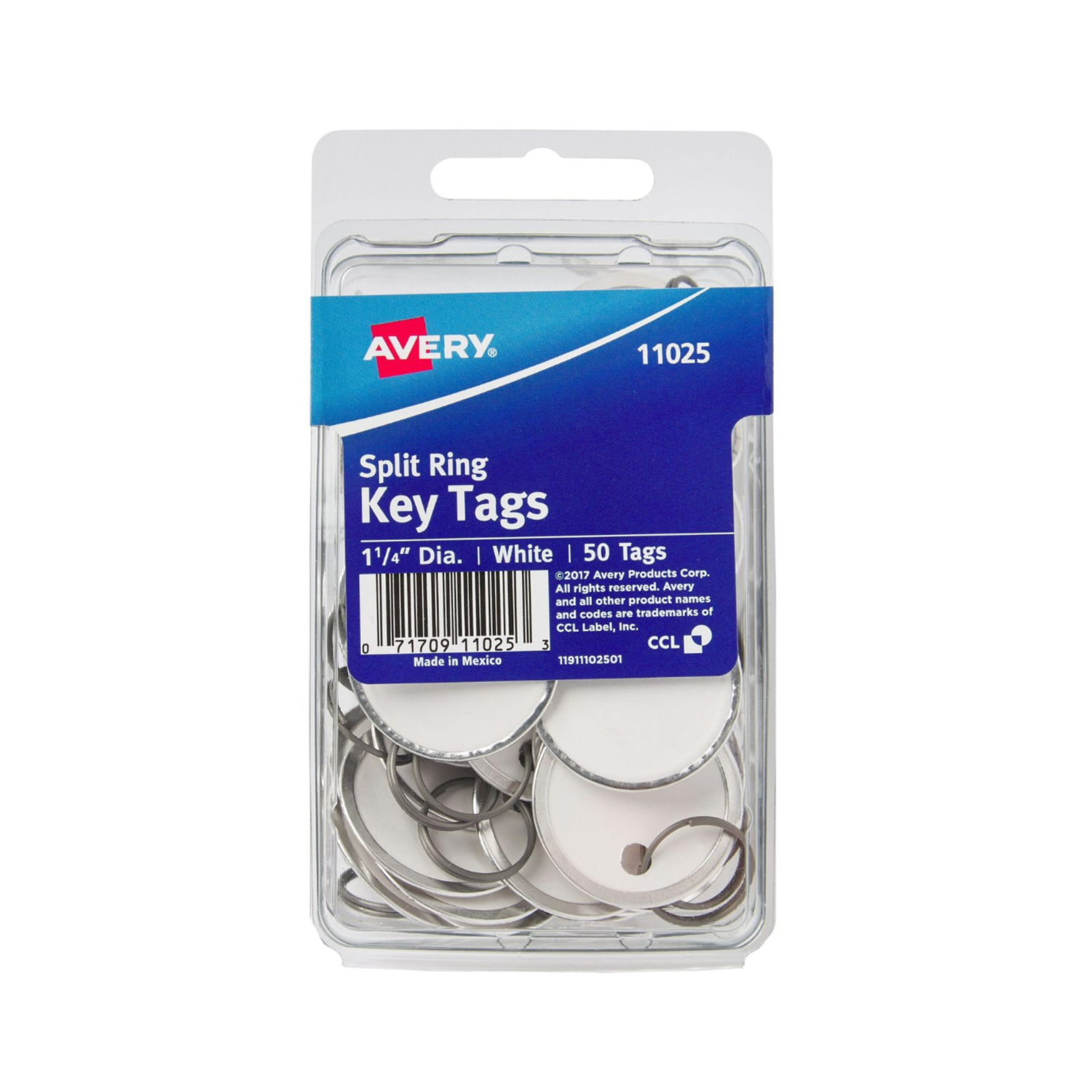 Avery® Etiquetas para llaves con borde de metal, etiqueta de 3.2 cms de diámetro, anillo partido de metal, blanco, 50 etiquetas (11025)