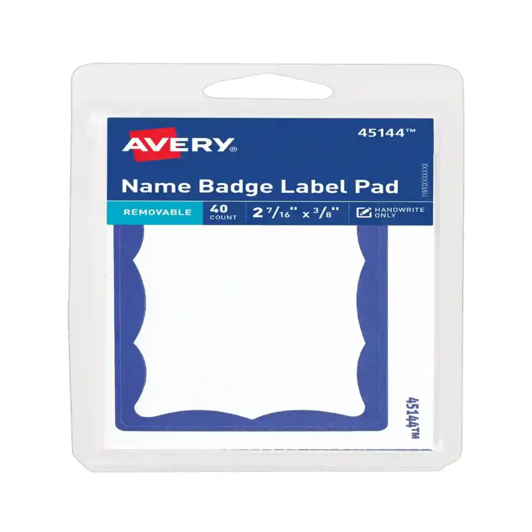 Avery® Taco de gafetes adhesivos para nombre, borde azul, 8.6 x 6.2 cms, 40 gafetes (45144)
