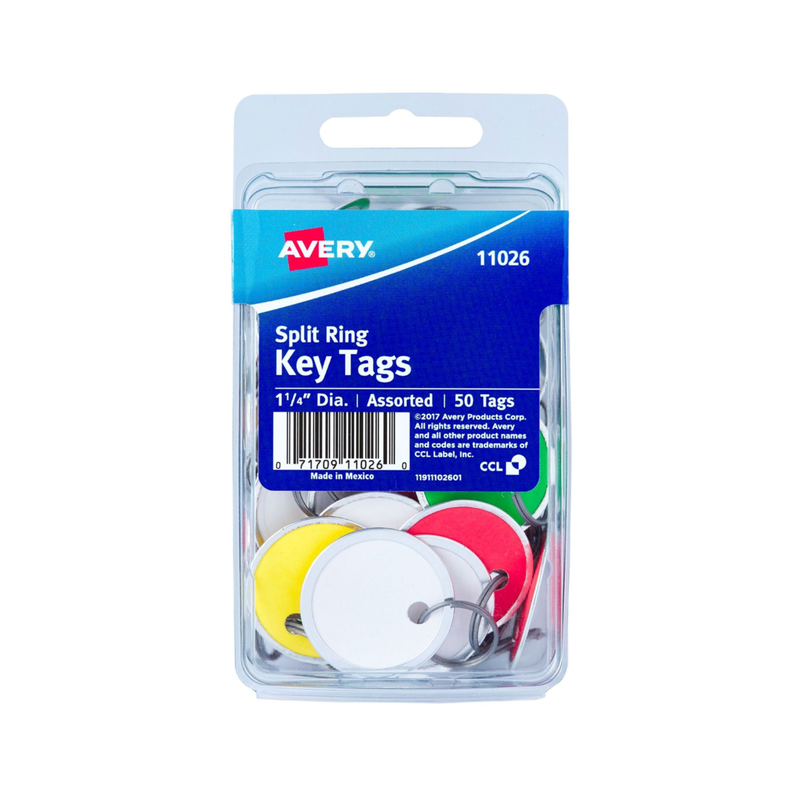Avery® Etiquetas para llaves con borde metálico, etiqueta de 3.2 cms de diámetro, anillo partido de metal, colores surtidos, 50 etiquetas (11026)