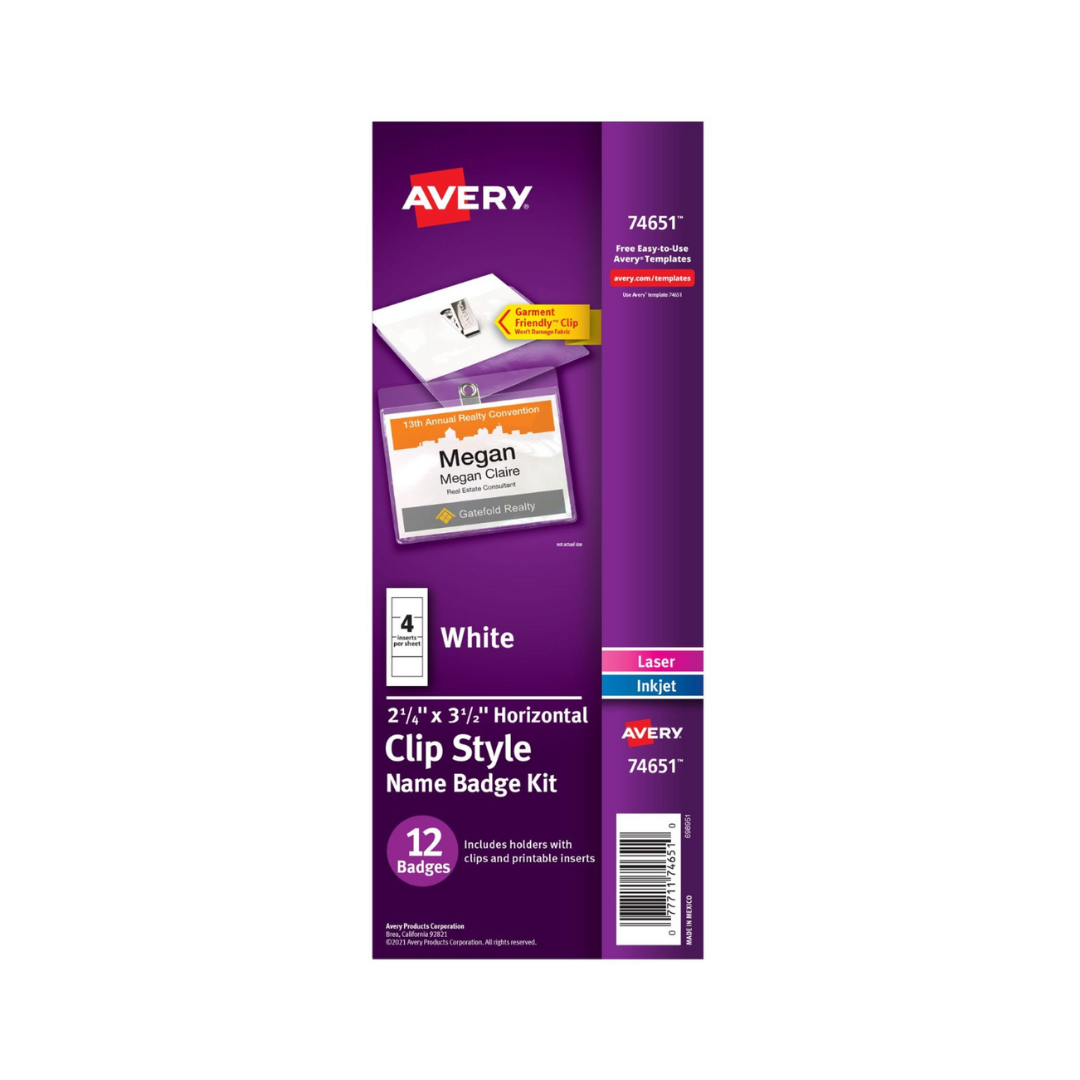 Avery® Etiquetas para nombres estilo clip, carga superior aptas para ropa, 8.9 x 5.7cms, paquete de 12 unidades (74651)