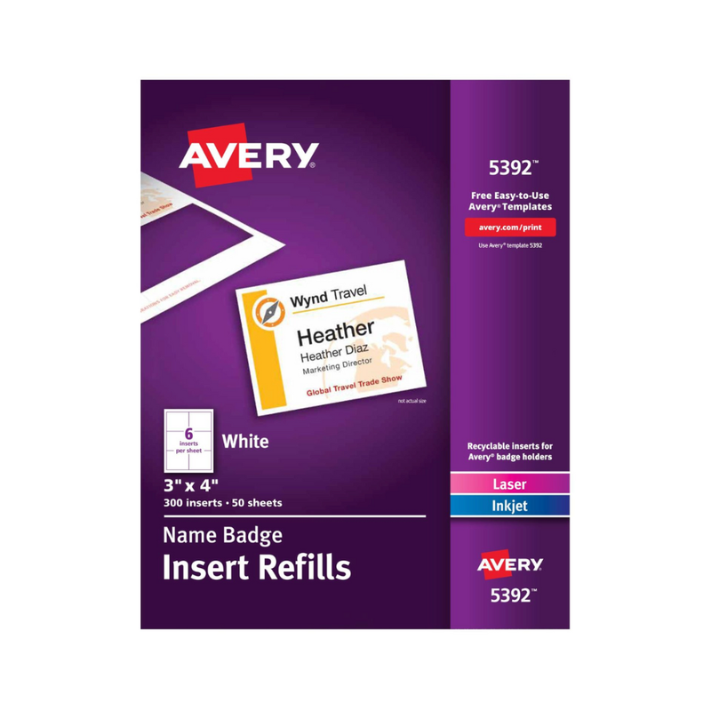 Avery® Insertos de respuesto para tarjetas de identificación de nombre, 10.2 x 7.6 cms, impresión o escritura, láser/inyección de tinta, 300 insertos en total (05392) Avery® Insertos de respuesto para tarjetas de identificación de nombre, 10.2 x 7.6 cms, impresión o escritura, láser/inyección de tinta, 300 insertos en total (05392)