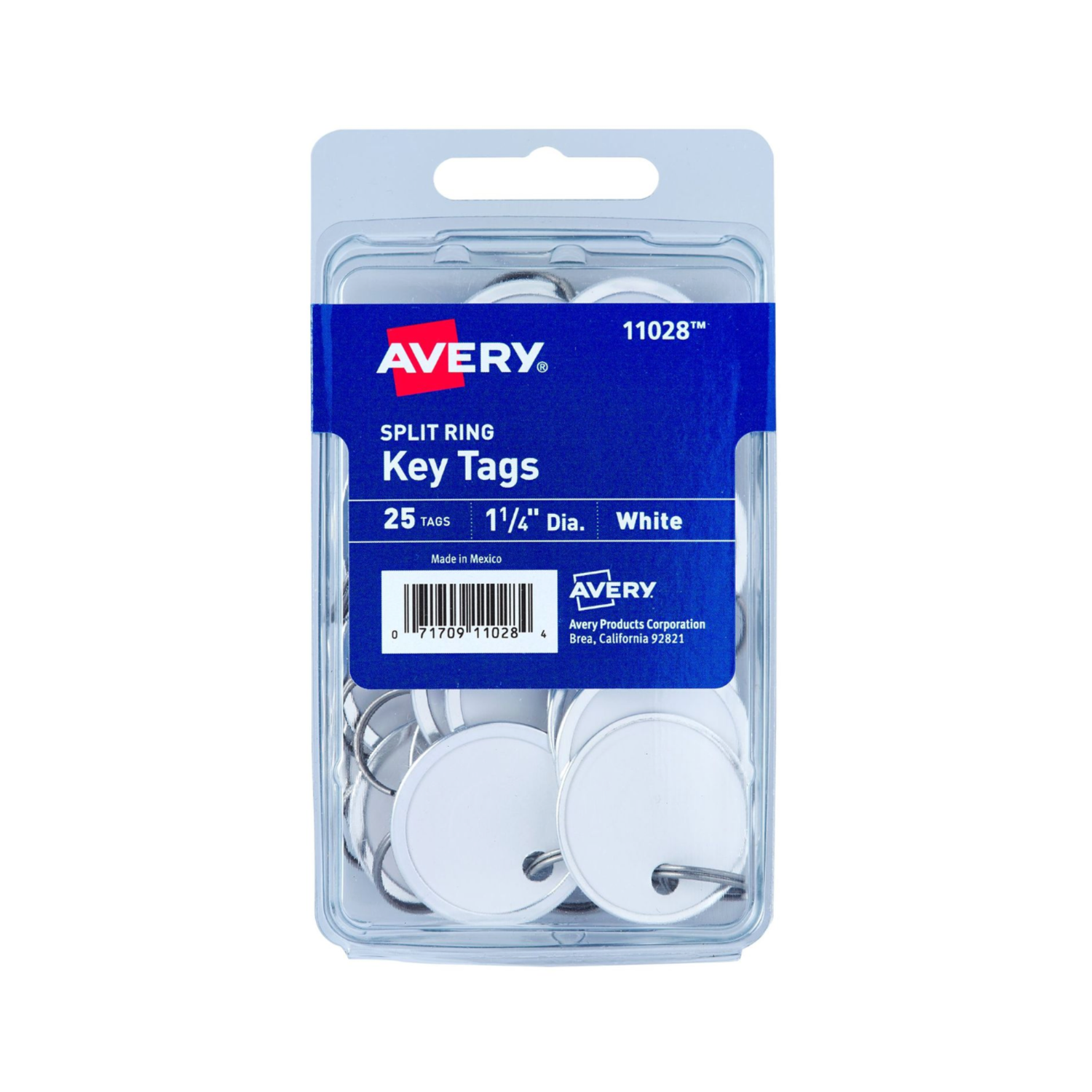 Avery® Etiquetas para llaves con borde de metal, etiqueta de 3.2 cms de diámetro, anillo dividido de metal, blanco, 25 etiquetas (11028)