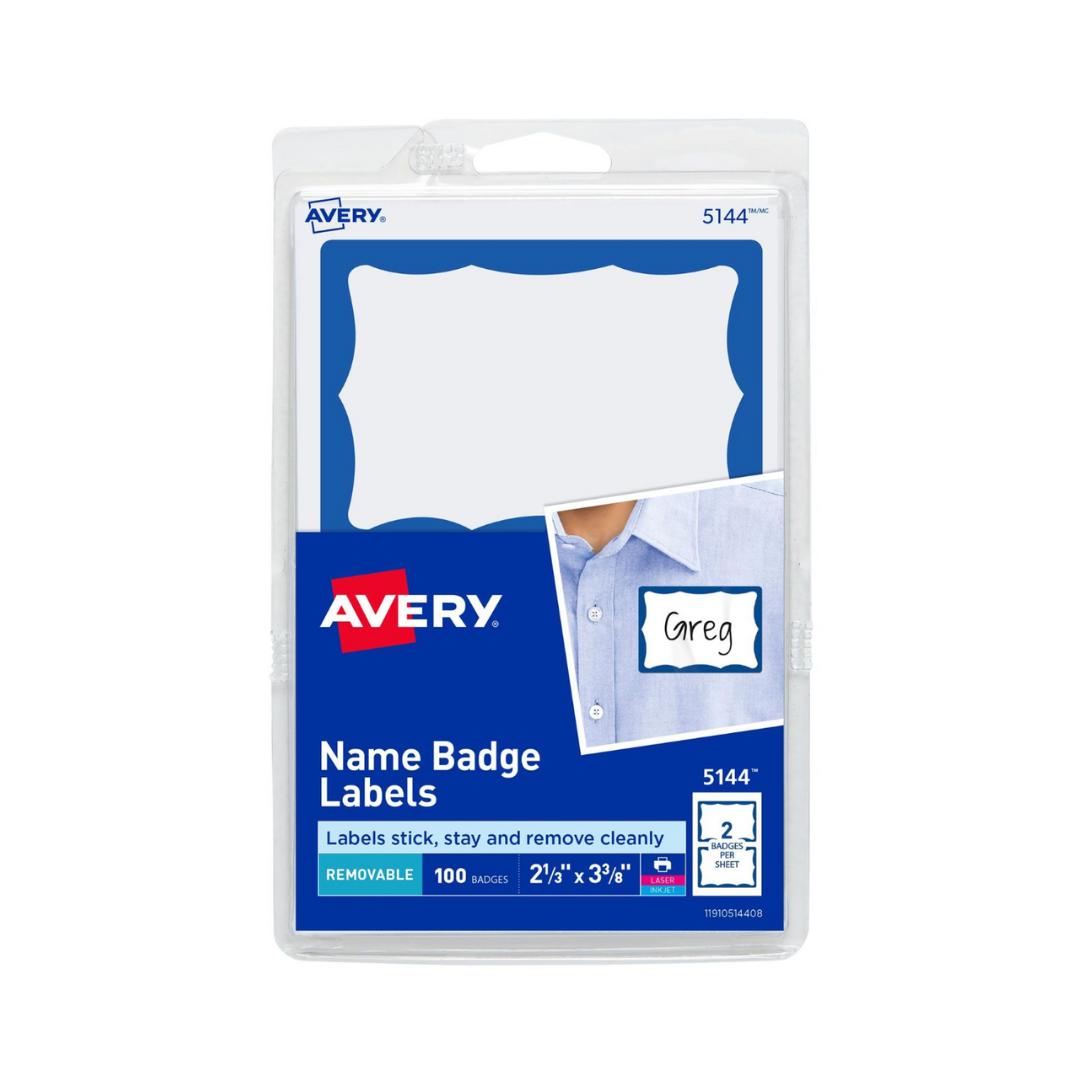 Avery® Etiquetas adhesivas para insignias de nombre, borde azul, 8.5 x 5.9 cms, 100 insignias (5144)