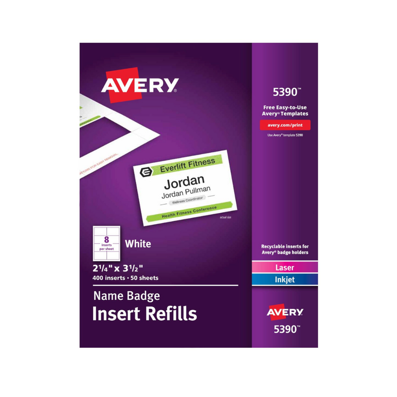 Avery® Repuestos de insertos para insignias de nombre, 8.3 x 5.7 cms, 400 insertos (5390)