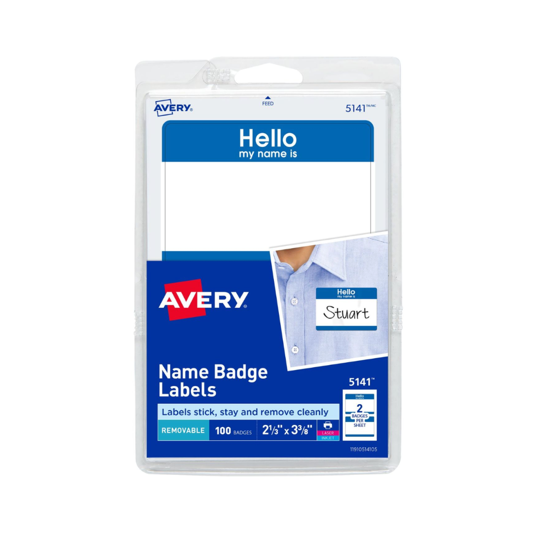 Avery® Etiquetas para insignias de nombre, borde azul, 8.5 x 5.9 cms, 100 distintivos (5141)