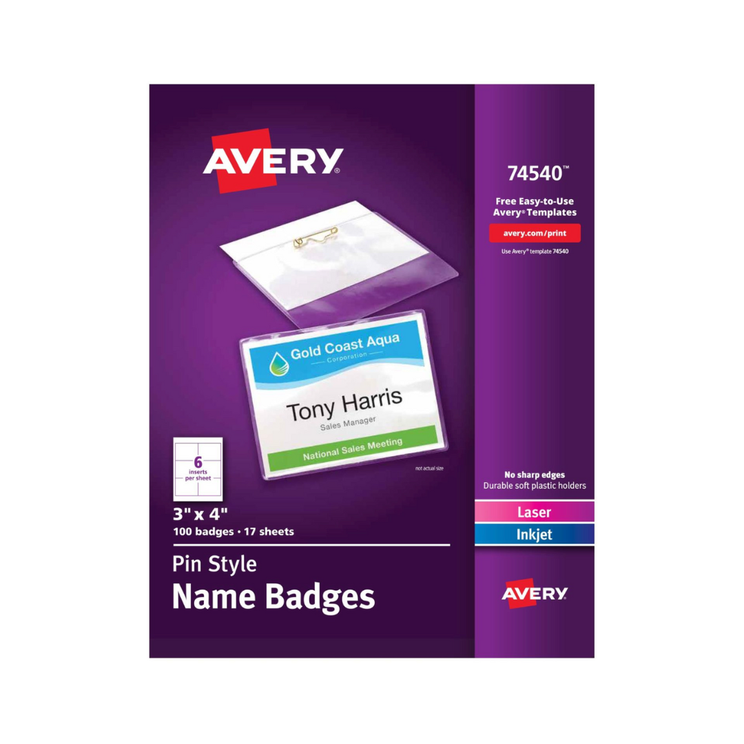 Avery® Insignias para nombre, estilo pin de carga superior, 10.2 x 7.6cms, 100 gafetes (74540)