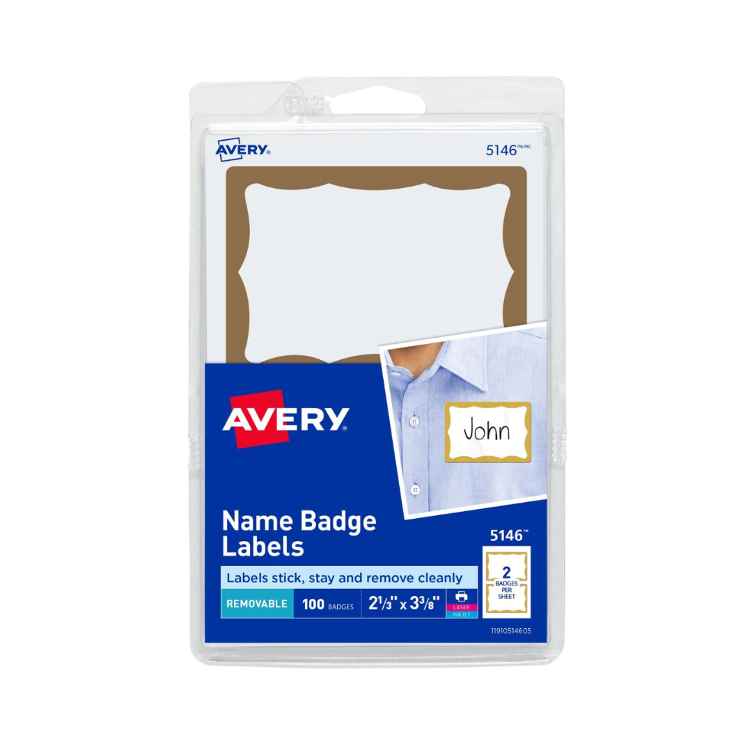 Avery® Etiquetas para distintivos de nombre, borde dorado, 8.5 x 5.9  cms, 100 insignias (5146)