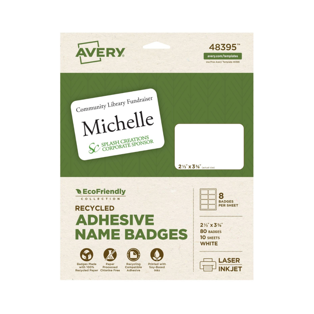 Avery® Insignias adhesivas, Eco amigables con el medio ambiente, 8.6 x 5.9 cms, 80 distintivos (48395)