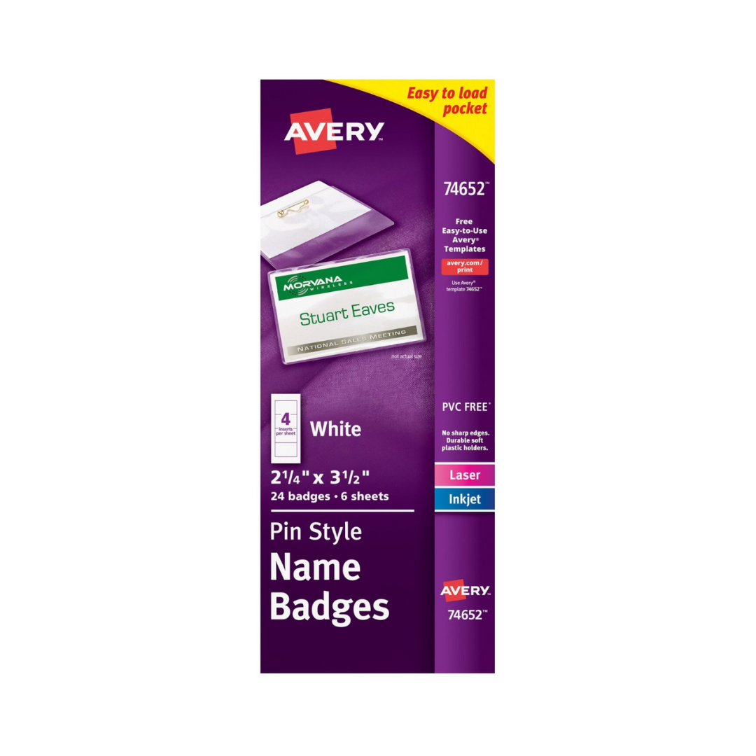 Avery® Gafetes de identificación estilo alfiler de carga superior, 8.9 x 5.7 cms, 24 gafetes (74652)