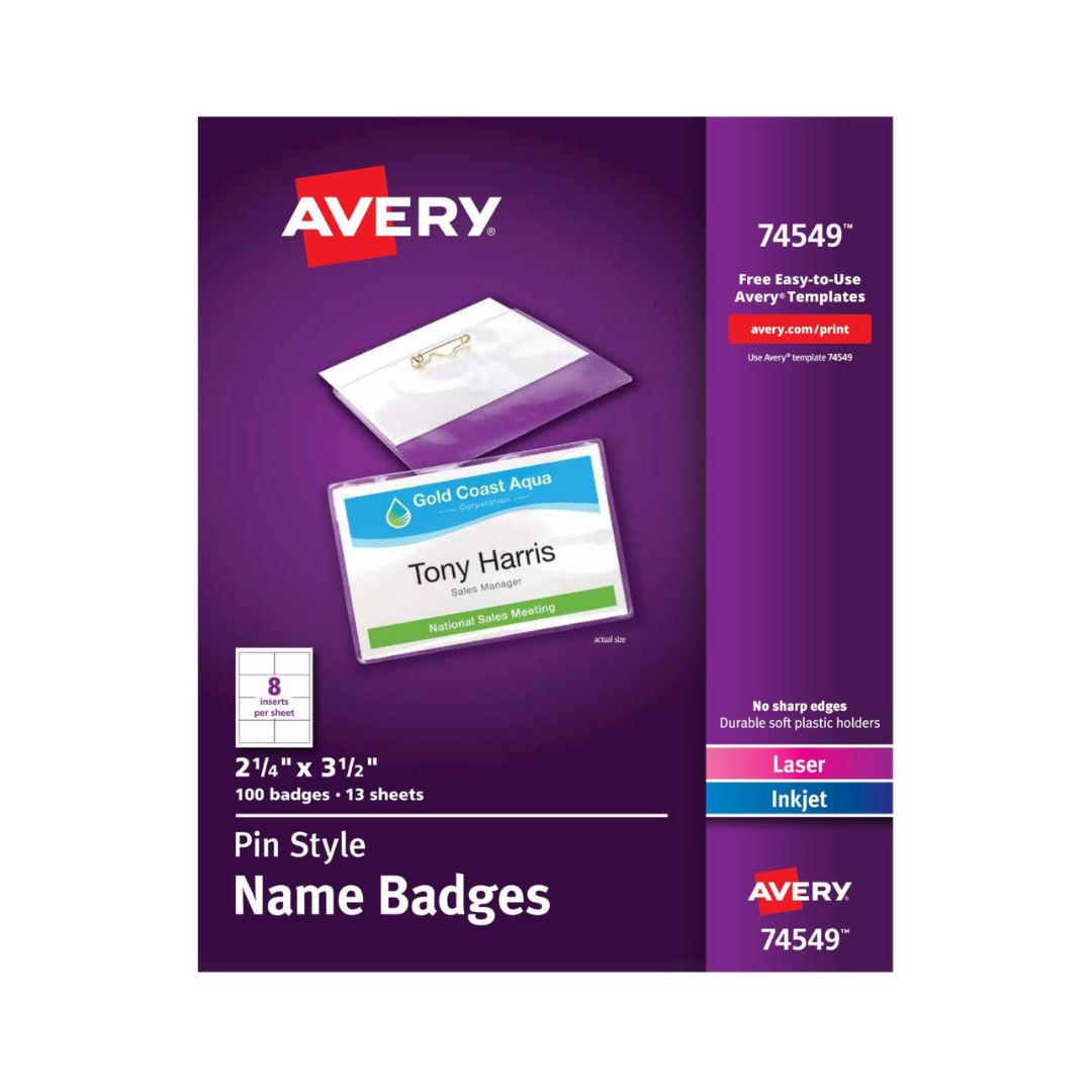 Avery® Gafetes de nombre, estilo alfiler, carga superior, 8.9 x 5.7 cms, 100 gafetes (74549)