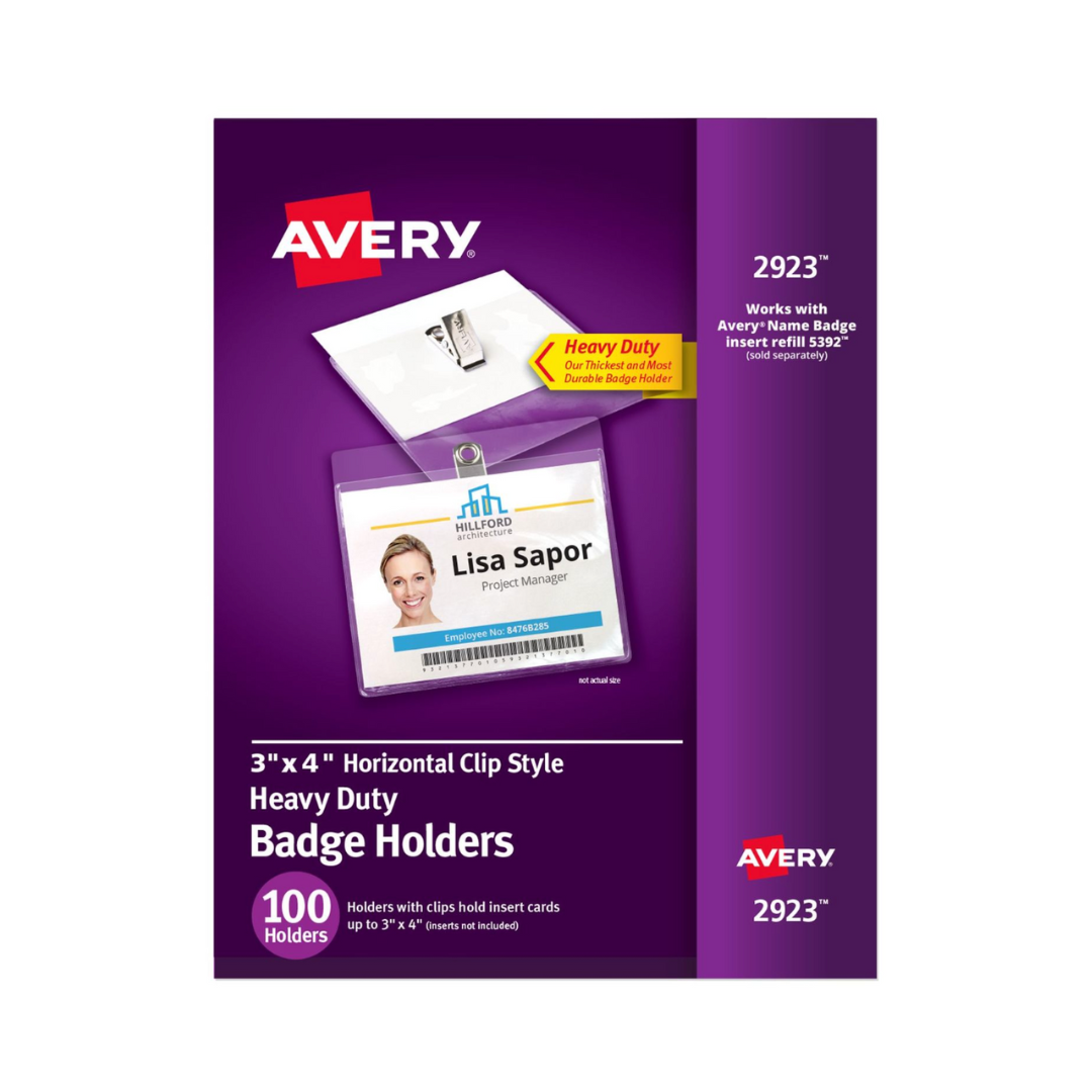 Avery® Isignia estilo clip, 10.2 x 7.6 cms, horizontal, 100 porta isignias de identificación con clips (2923)